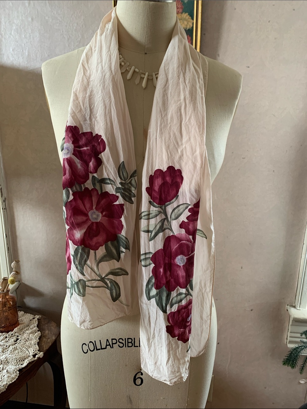 100% Silk Scarf with Burgundy Floral Print